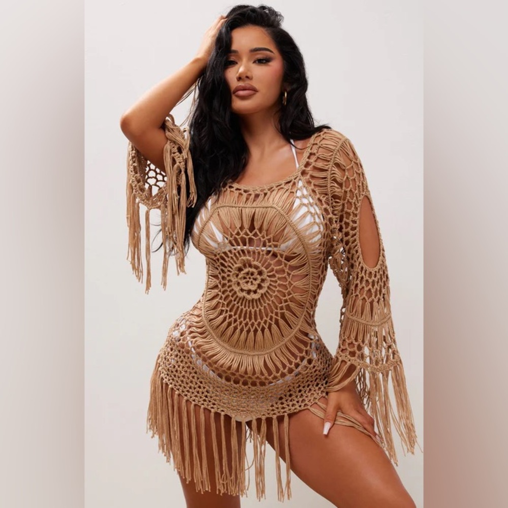 NWT Fashion Nova Vibes Crochet Long Sleeved Coverup - Taupe Size Medium